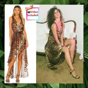 LPA dress REVOLVE Brown Black Tiger Wrap Midi Dress ‎ XXS V-Neck High Low $258